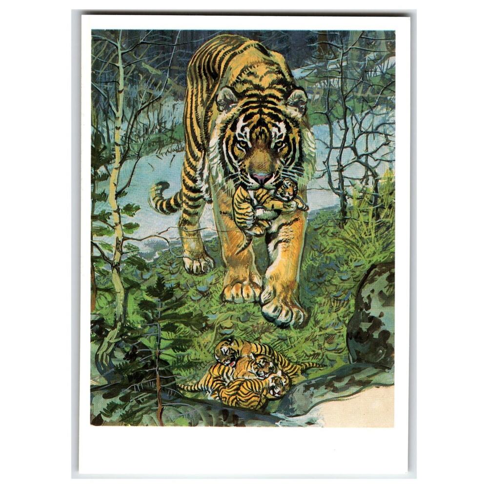 V.A. Gorbatov Amur Tiger & Cubs Postcard 1990 Russian Wildlife Art